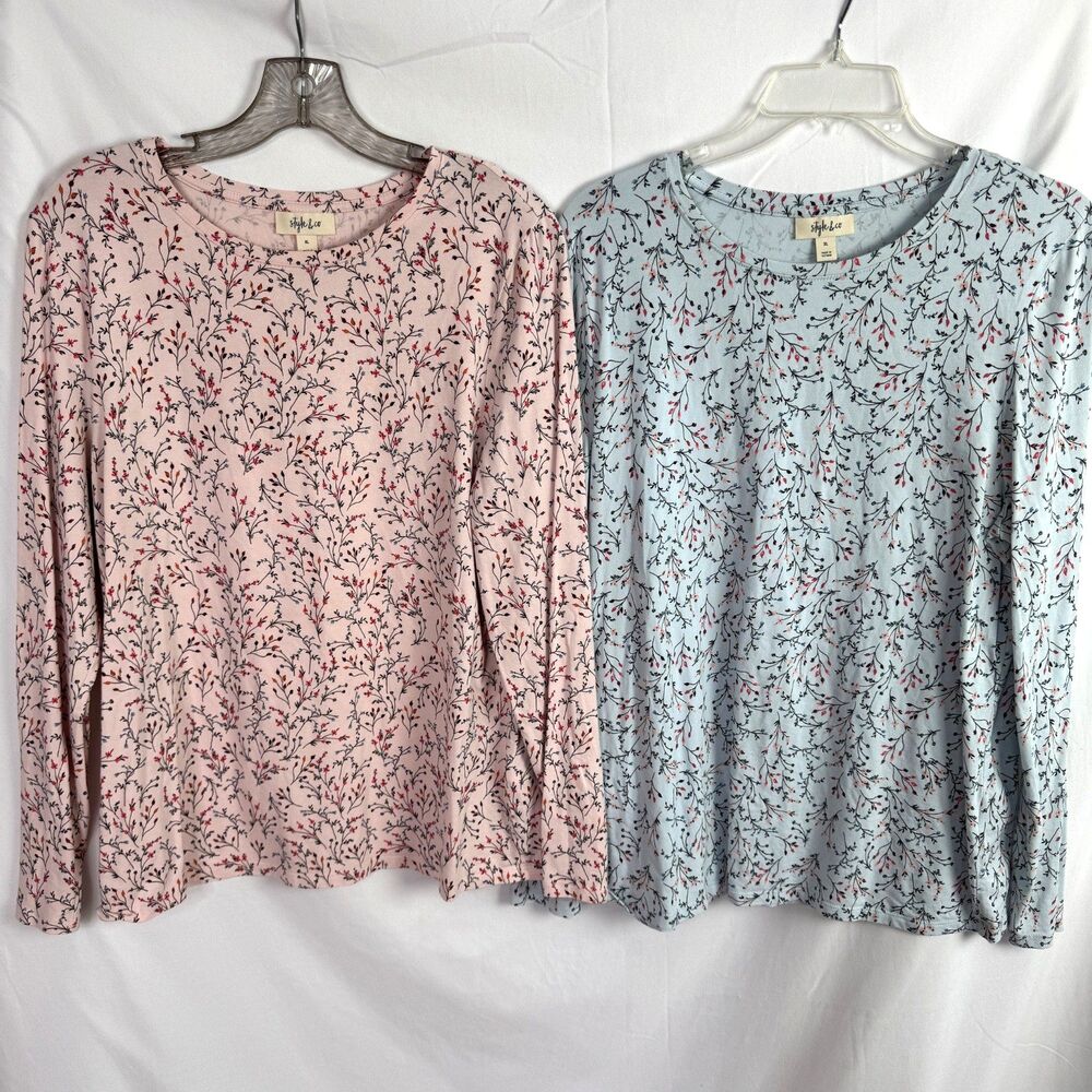 Style & Co Womens Knit Top LOT of 2 Size XL Blue & Pink Floral Print Long Sleeve